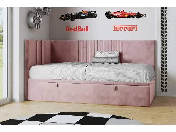 SPEED młodzieżowe łóżko tapicerowane z pojemnikiem 90x200, pojedyncze z zagłowiem narożnym i panelem bocznym