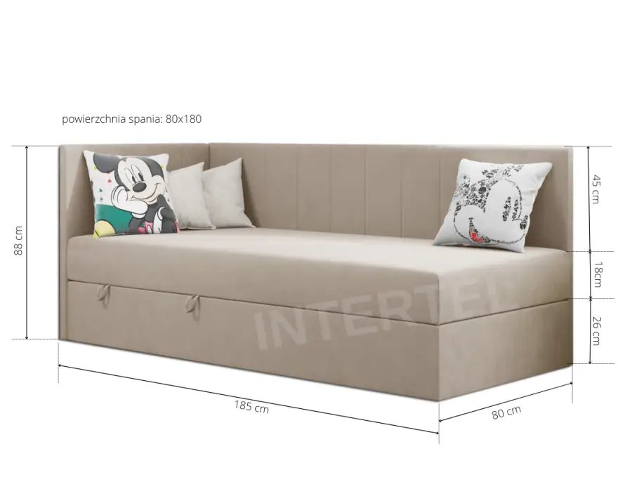 PRINCESS 3M łóżko narożne tapicerowane 80x180 młodzieżowe z pojemnikiem i materacem