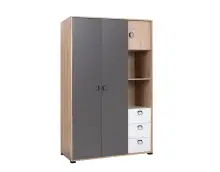 TOBI 01 szafa młodzieżowa uchylna 2-drzwiowa z szufladami i szafką, dąb artisan / grafit / biały