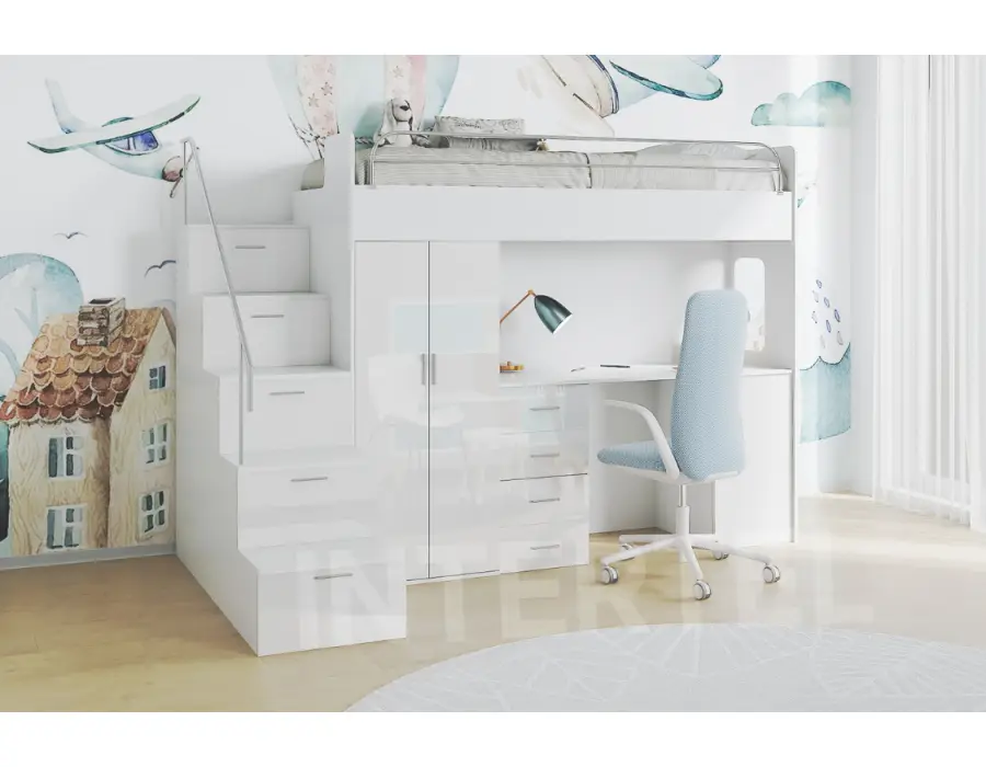 MAJA 4S łóżko piętrowe z materacem + schody szafa i biurko + stelaż