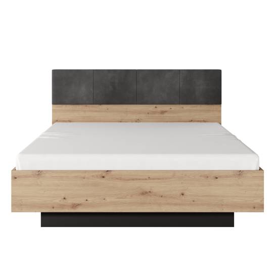 CAVE łóżko 160x200 z tapicerowanym zagłowiem i pojemnikiem + stelaż metalowy, dąb artisan + antracyt