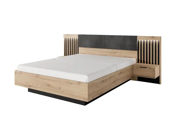 CAVE łóżko 160x200  ze stolikami nocnymi i oświetleniem LED do sypialni, dąb artisan + antracyt