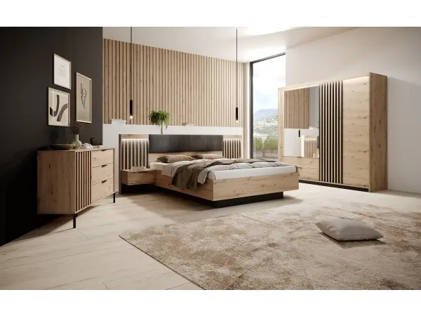 CAVE łóżko 160x200 z tapicerowanym zagłowiem i pojemnikiem + stelaż metalowy, dąb artisan + antracyt