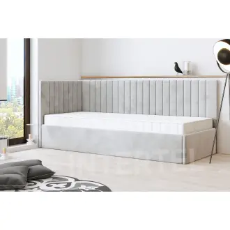 OD RĘKI ! CARLOS SM 02 narożne, pojedyncze łóżko tapicerowane 100x200 w tkaninie Riviera 82 popiel, pojemnik, stelaż metalowy, lewe