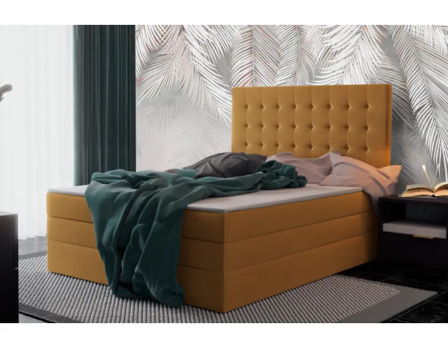 OD RĘKI ! MAGNUS 6B łóżko kontynentalne duo 180x200 materac BONELL+ MULIPOCKET, tkanina Velutto 8  w kolorze musztardowym