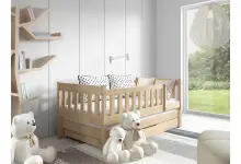 LEA 190 drewniane łóżko z barierką  i szufladą dla dzieci, sosna