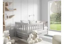 LEA 190 drewniane łóżko z barierką  i szufladą dla dzieci, szare