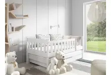 LEA 190 drewniane łóżko z barierką  i szufladą dla dzieci, białe