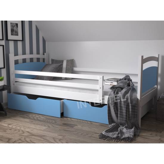 NEMO łóżko drewniane z materacem i szufladami kolory biało - niebieskie
