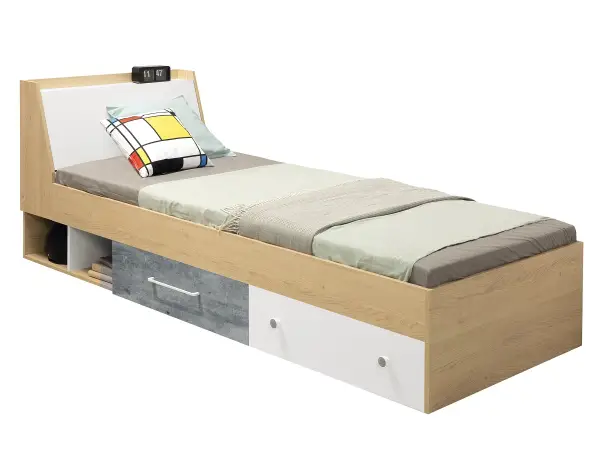 STEP ST11 L/P łóżko młodzieżowe 90x200 ze stelażem i szufladami biszkoptowy / biały lux / beton