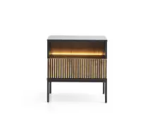 Szafka nocna, stolik EVITA  S54 z szufladą  z LED front 3D z lamelami czarny / dąb wotan