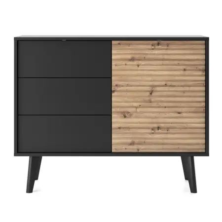 Komoda do salonu PRIMO KSZ104 z trzema szufladami i szafką, frezowany front MDF dąb artisan / czarny