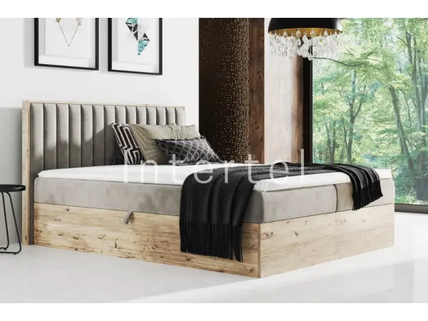 PRATO K13 łóżko kontynentalne 140x200 z pojemnikiem, pionowe przeszycia, drewniana skrzynia