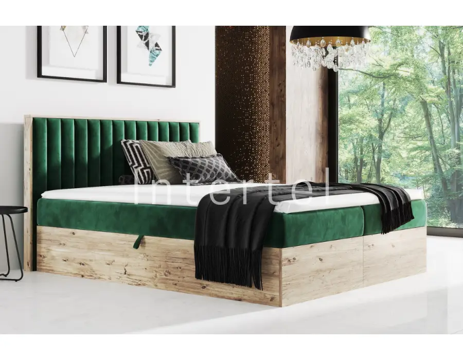 PRATO K13 łóżko kontynentalne 200x200 z pojemnikiem, pionowe przeszycia, drewniana skrzynia